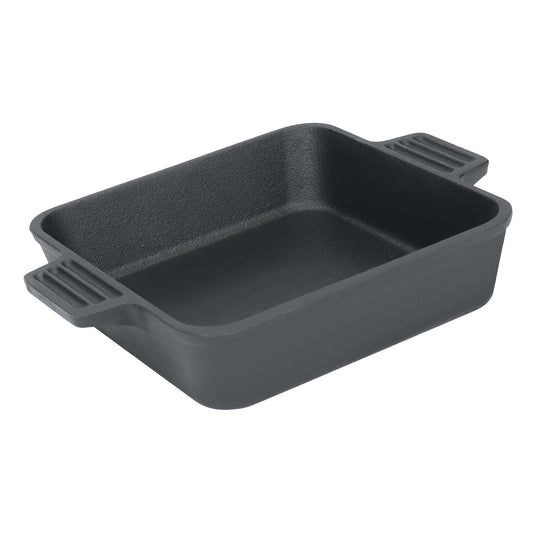 An 8-inch square black cast iron cake pan with side handles on a white background