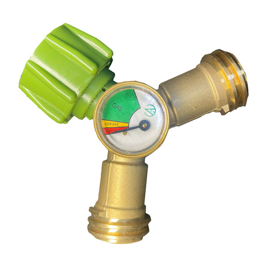 A brass Y-splitter with a green knob, and a propane level gauge, designed for connecting two outdoor gas appliances to one propane tank.