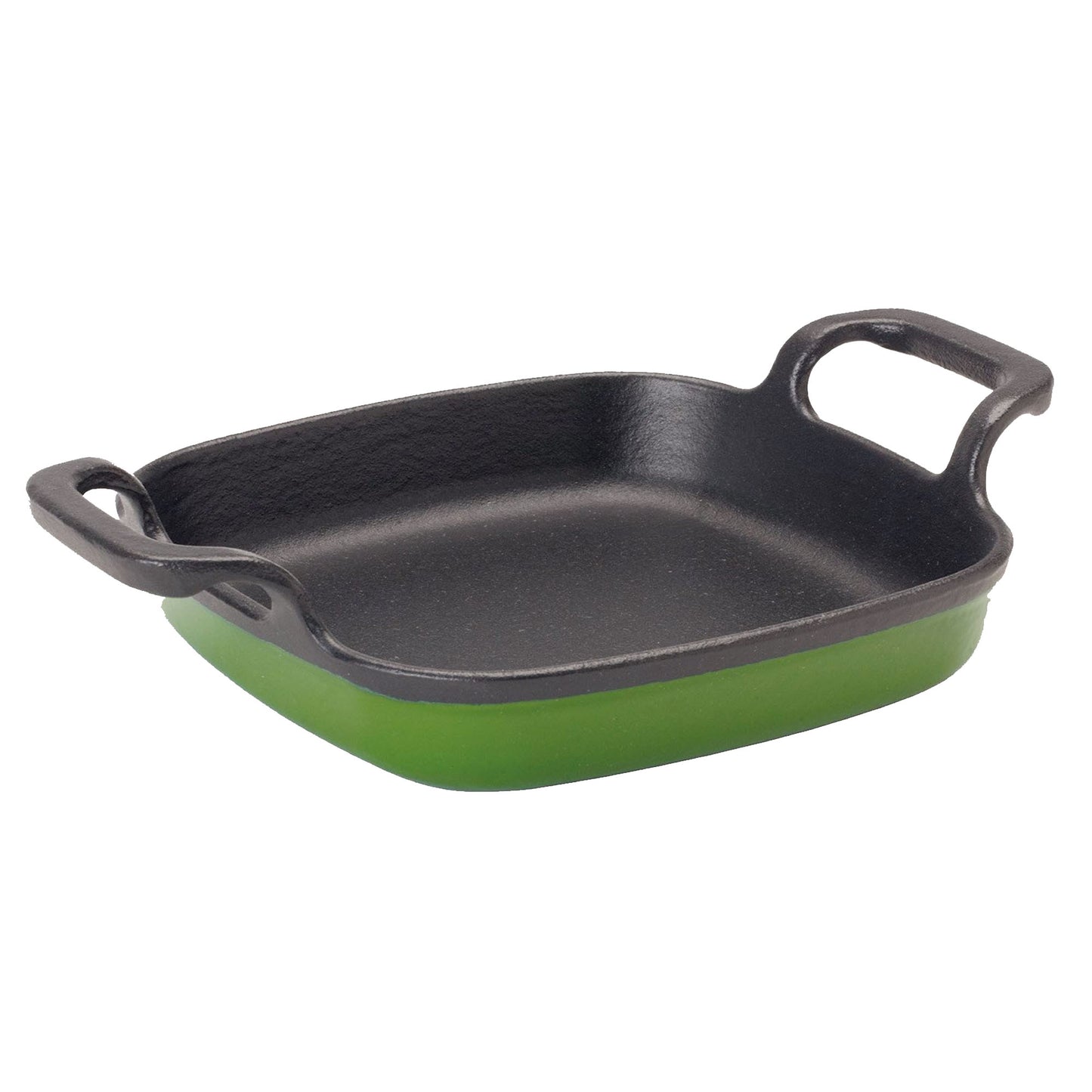 Green enameled cast iron small baking dish with black interior and large side loop handles on a white background