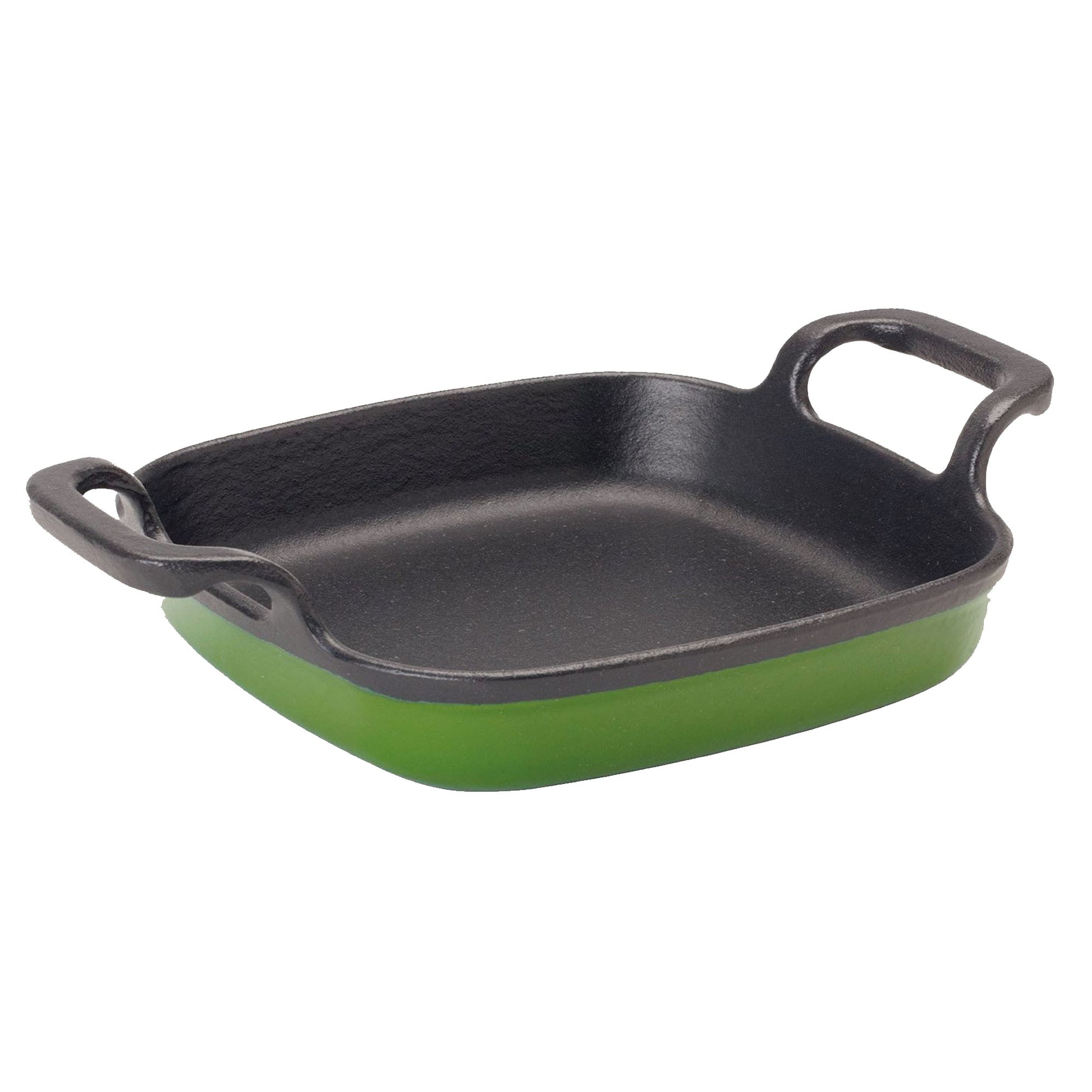 Enameled cast iron baking dish with cypress green exterior and black interior, featuring large loop handles on the sides.