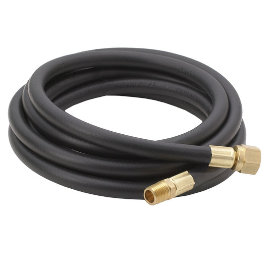 A black thermoplastic high pressure LPG hose with brass connectors at each end.