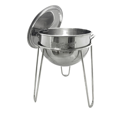 Stainless steel kettle on a stainless welded stand with a lid, featuring the Bayou Classic logo, on a white background.