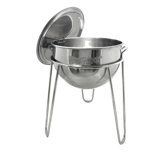 Stainless steel kettle on a stainless welded stand with a lid, featuring the Bayou Classic logo, on a white background.