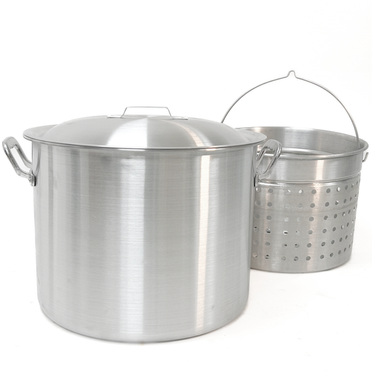 80-qt Aluminum stockpot with a lid and perforated basket on a white background