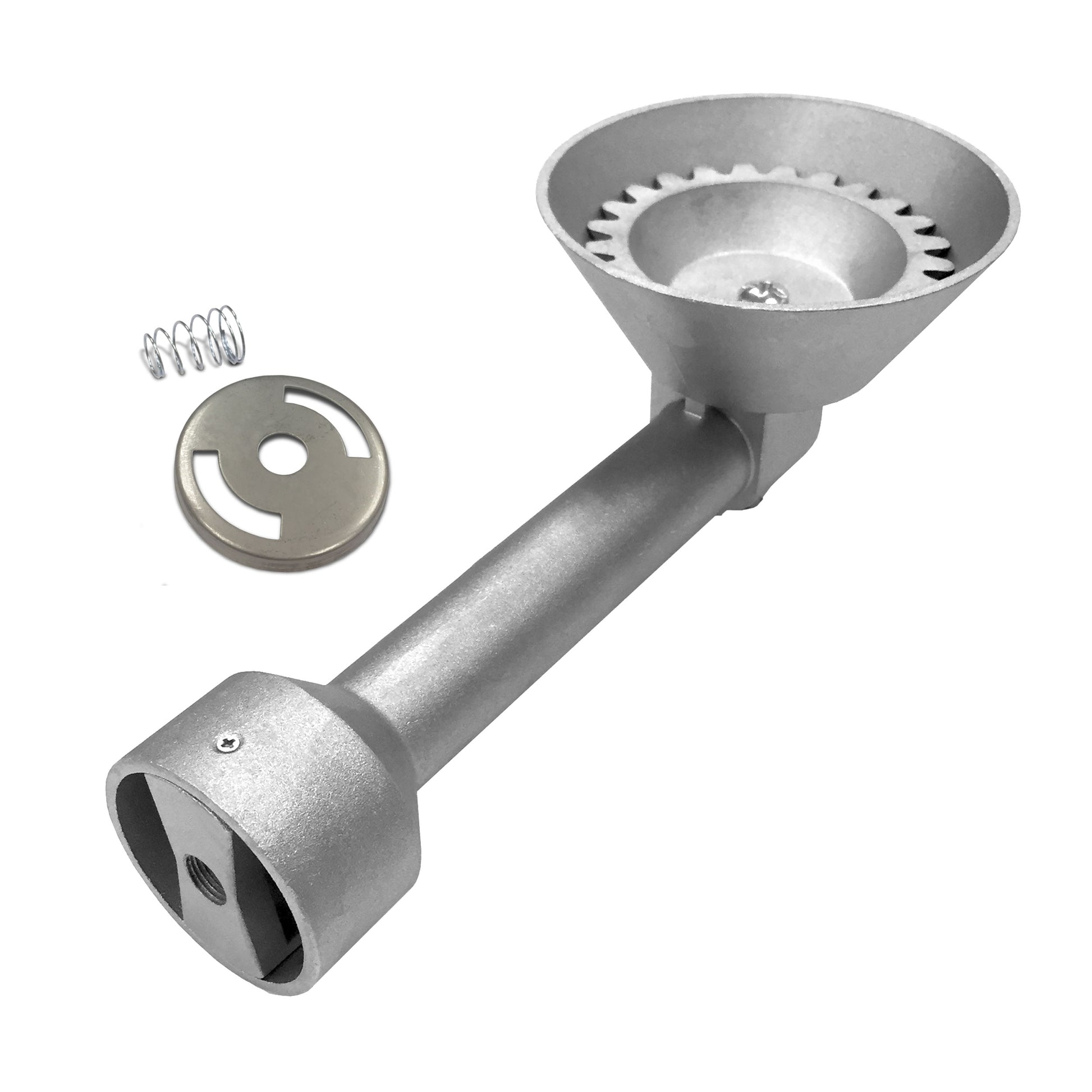 A silver cast aluminum burner for outdoors, including a round air control disc and a spring.