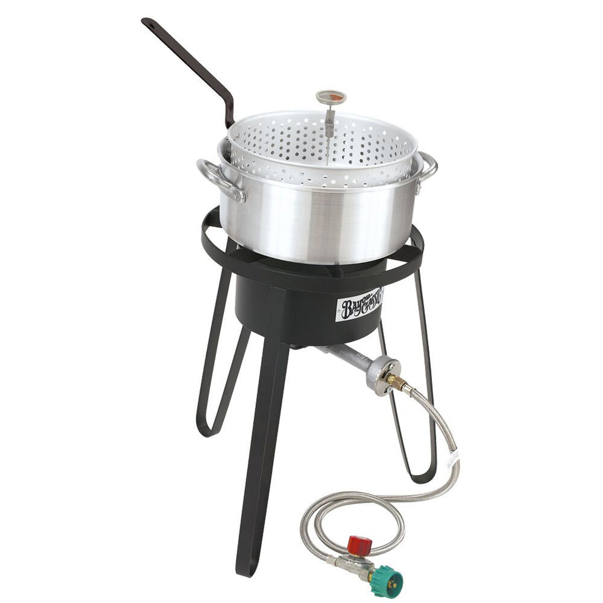 Sportsman's Choice Aluminum Fish Cooker with a fry pot, basket, and a high pressure cooker on a white background