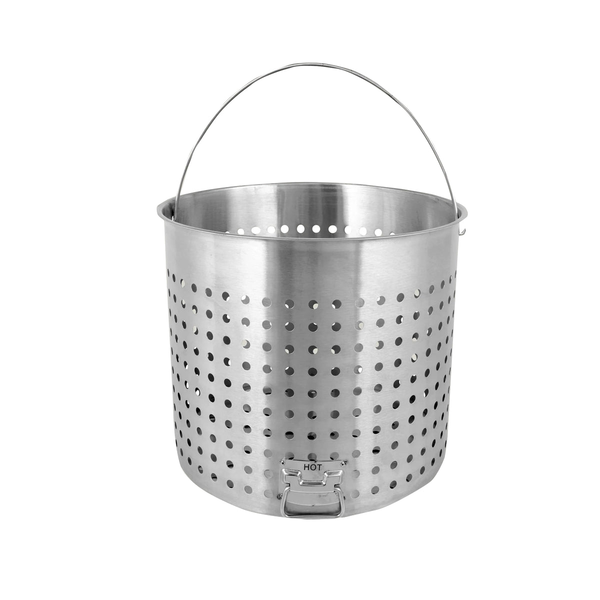 Stainless basket with a helper handle to be used for boiling or steaming in a stockpot