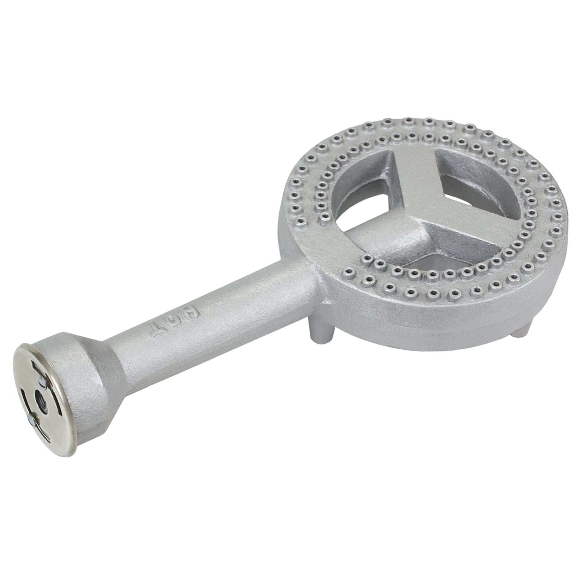 A cast iron fry burner with a round base and a visible air control disc on a white background.