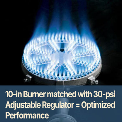 BG14 burner with blue flames and text that reads, 10-in burner matched with 30-psi adjustable regulator = optimized performance