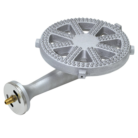 A high pressure cast iron burner with a circular design and a brass orifice connector on a white background.