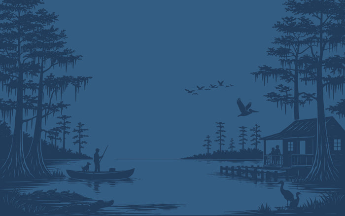 Blue-toned illustration of a man in a canoe near a cabin with trees and birds in the background.
