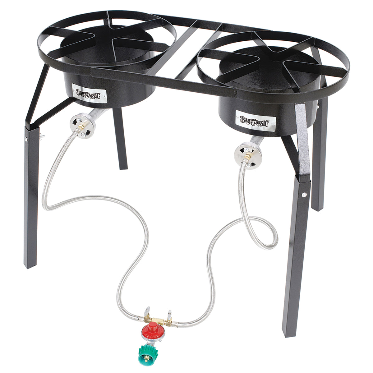 A dual burner high pressure cooker with two cast aluminum burners, stainless steel braided LPG hoses, and a black welded steel frame on a white background.