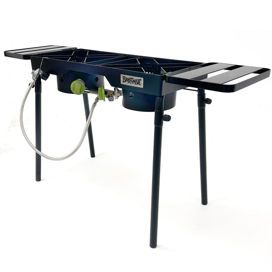 Dual burner outdoor patio stove with side shelves, model number DB375, on a white background