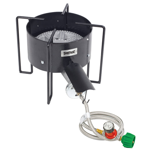 A black 16-in Banjo Cooker with a banjo burner, propane hose and regulator, designed for outdoor cooking on a white background
