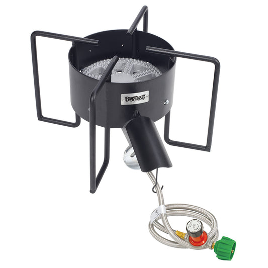 A black 22-in Bayou Cooker with a visible banjo burner, hose and regulator, and hose guard on a white background.