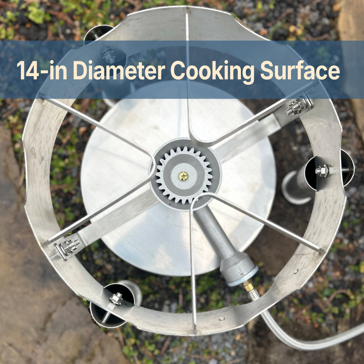 Overview of stainless cooker with text that reads 14-in diameter cooking surface