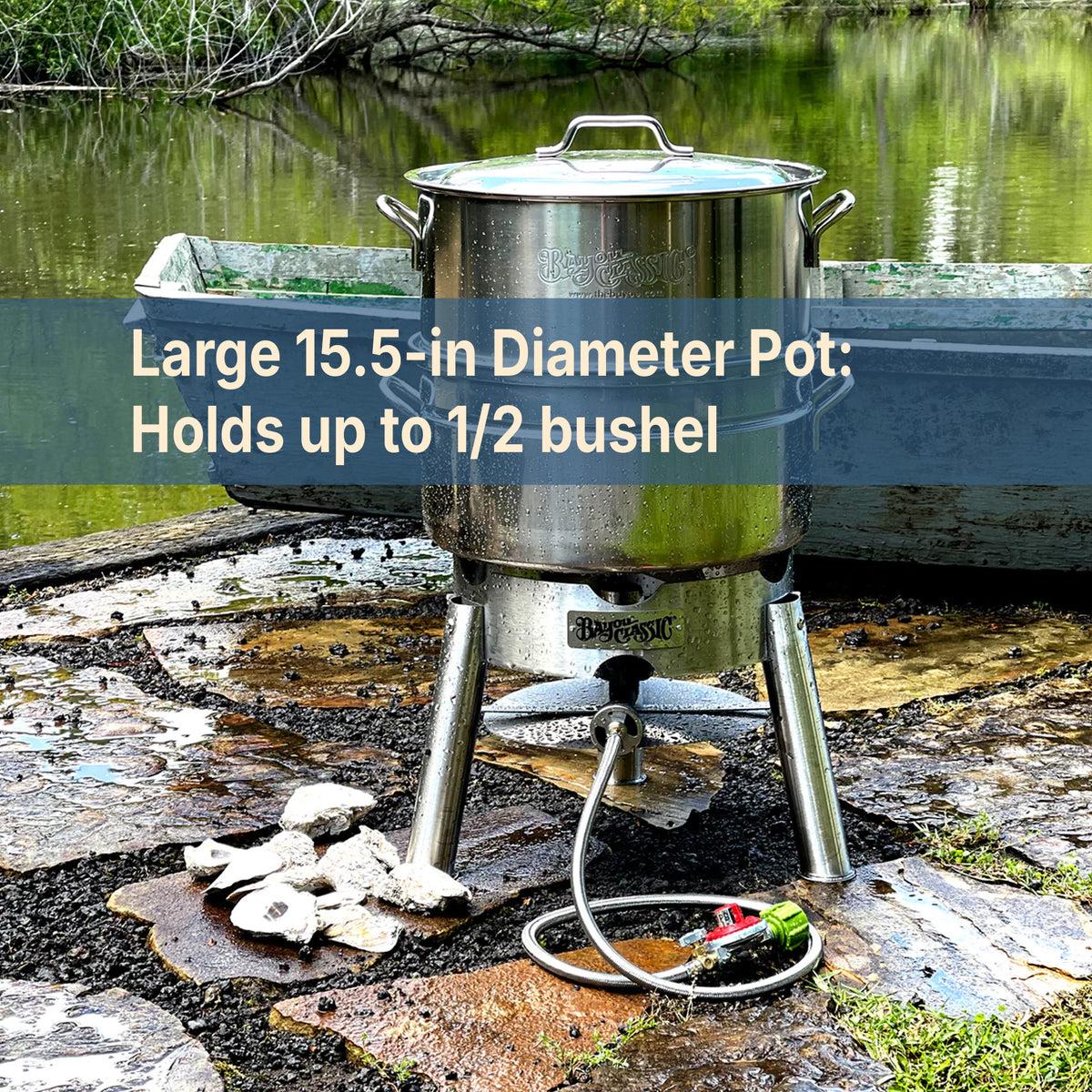 Stainless Steamer Pot with Cooker outside and text that reads large 15.5-in diameter pot and holds up to half bushel