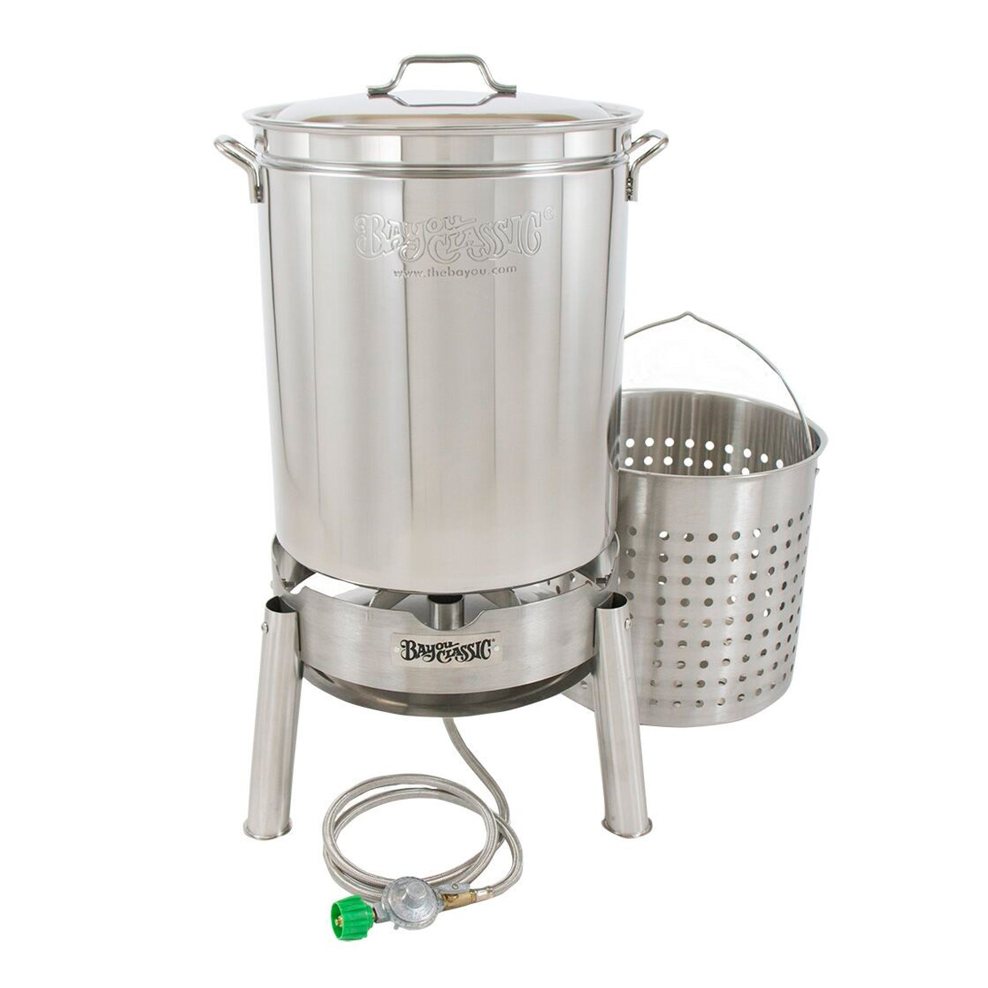 A 62-qt stainless steel outdoor cooker kit which includes a stockpot with basket and vented lid, a high-output burner, and a stainless braided LPG hose.