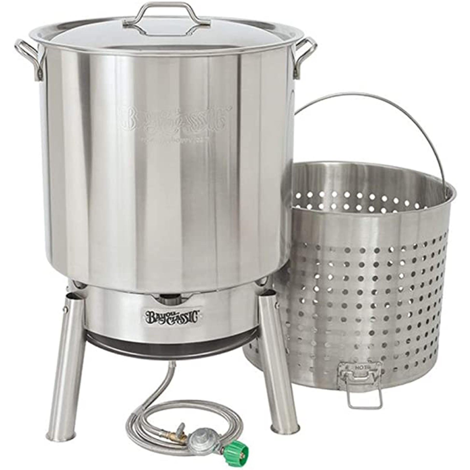 An 82-qt Stainless Bayou Boiler Cooker Kit including a stainless steel stockpot with a vented lid, a boil basket with a helper handle, and a hose and regulator on a white background.