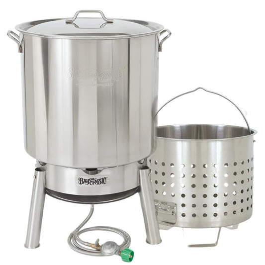 82-qt Stainless Bayou Steam and Boil Cooker Kit including a stainless steel stockpot, elevated steam and boil basket, and a single jet burner with hose.