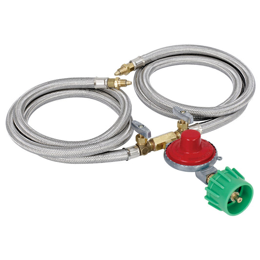 Dual 36-inch stainless braided LPG hoses with a red regulator and brass control valves on a white background.