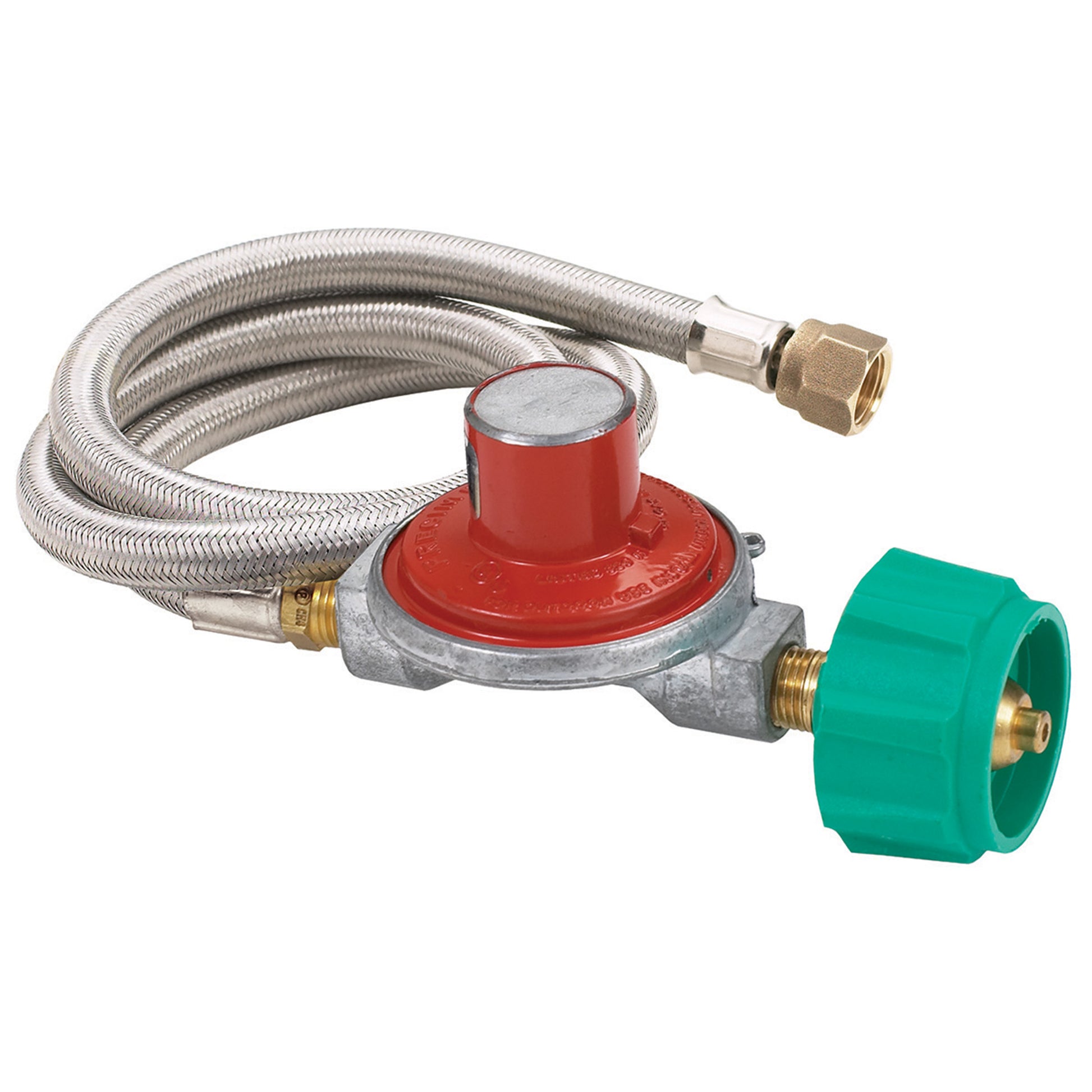 A stainless braided LPG hose with a red regulator and a green handwheel connector.