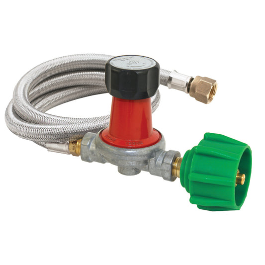 A 30-psi regulator/hose assembly with a red regulator, stainless braided LPG hose, and a 3/8-in flare swivel female connection on a white background
