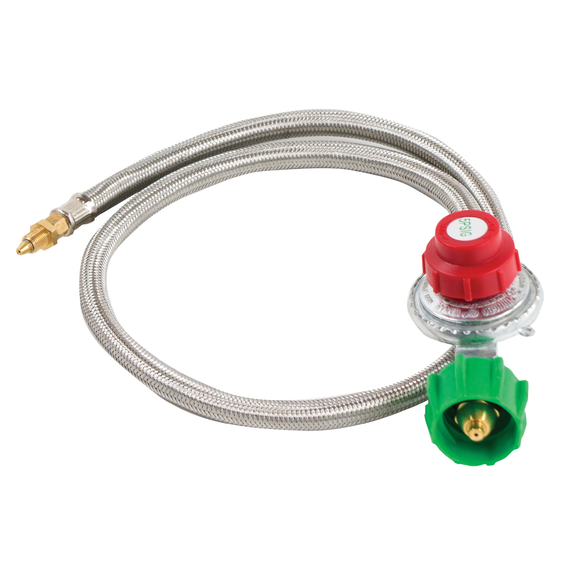 A stainless braided LPG hose with a red adjustable high pressure regulator and a green 1/8-in male orifice connector.