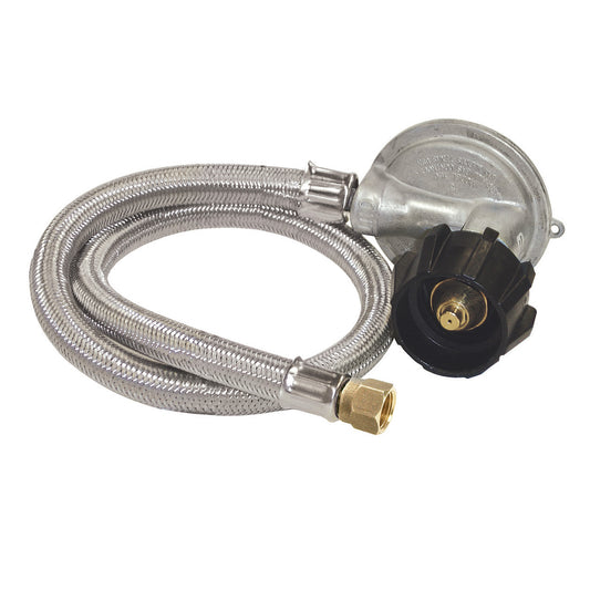 Stainless braided LPG hose with a low pressure regulator and swivel fitting, intended for use with gas grills on a white background