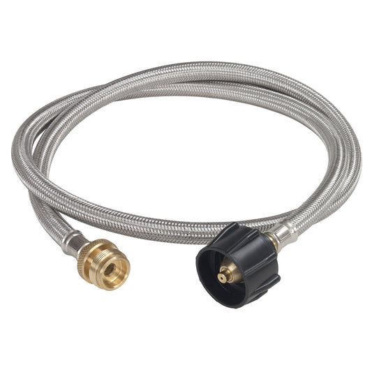 4-foot stainless braided LPG adapter hose with handwheel type-1 cylinder connector and brass fittings on a white background