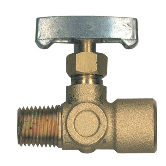 A brass control valve with a quarter-turn needle valve, typically used for LPG gas appliances on a white background