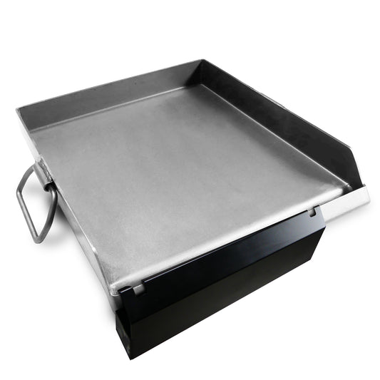 A steel griddle with grease trap and handles on a white background