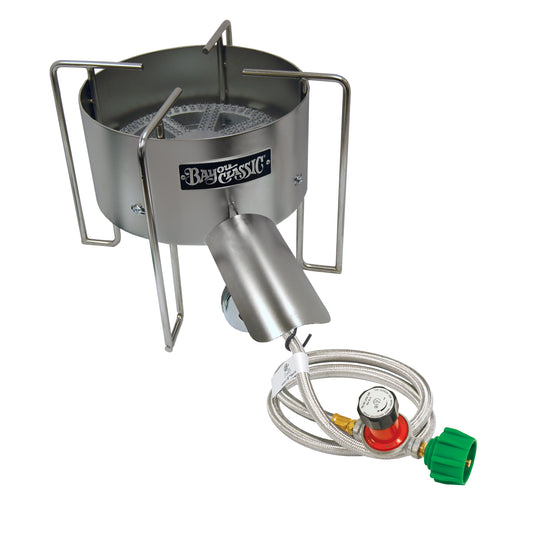 A 16-in stainless Bayou Banjo Cooker with hose and regulator on a white background