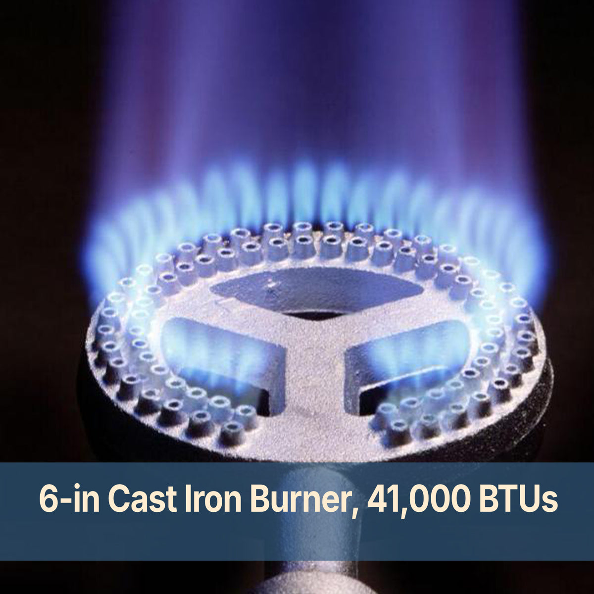 BG12 Cast Iron Burner with blue flames and copy that reads 6-in Cast Iron Burner, 41,000 BTUs