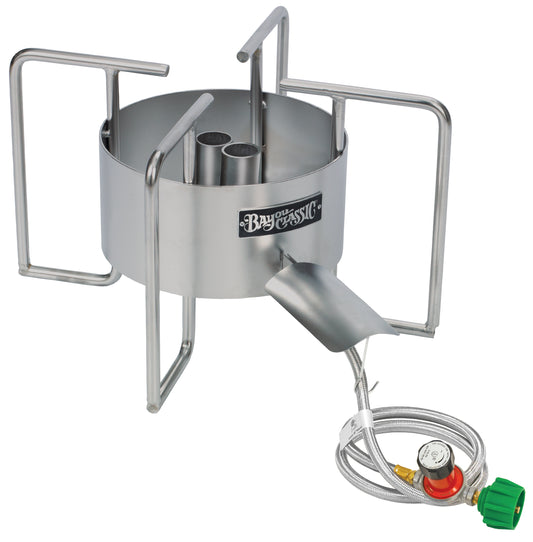 A 22-in stainless dual jet cooker  featuring dual jets with hose and regulator attached on a white background