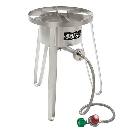 A tall Stainless Outdoor Cooker on a white background