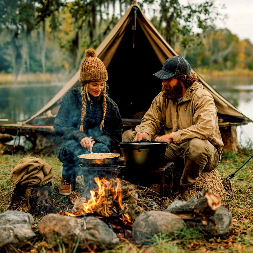 Two people cooking over a campfire near a tent by a lake.
