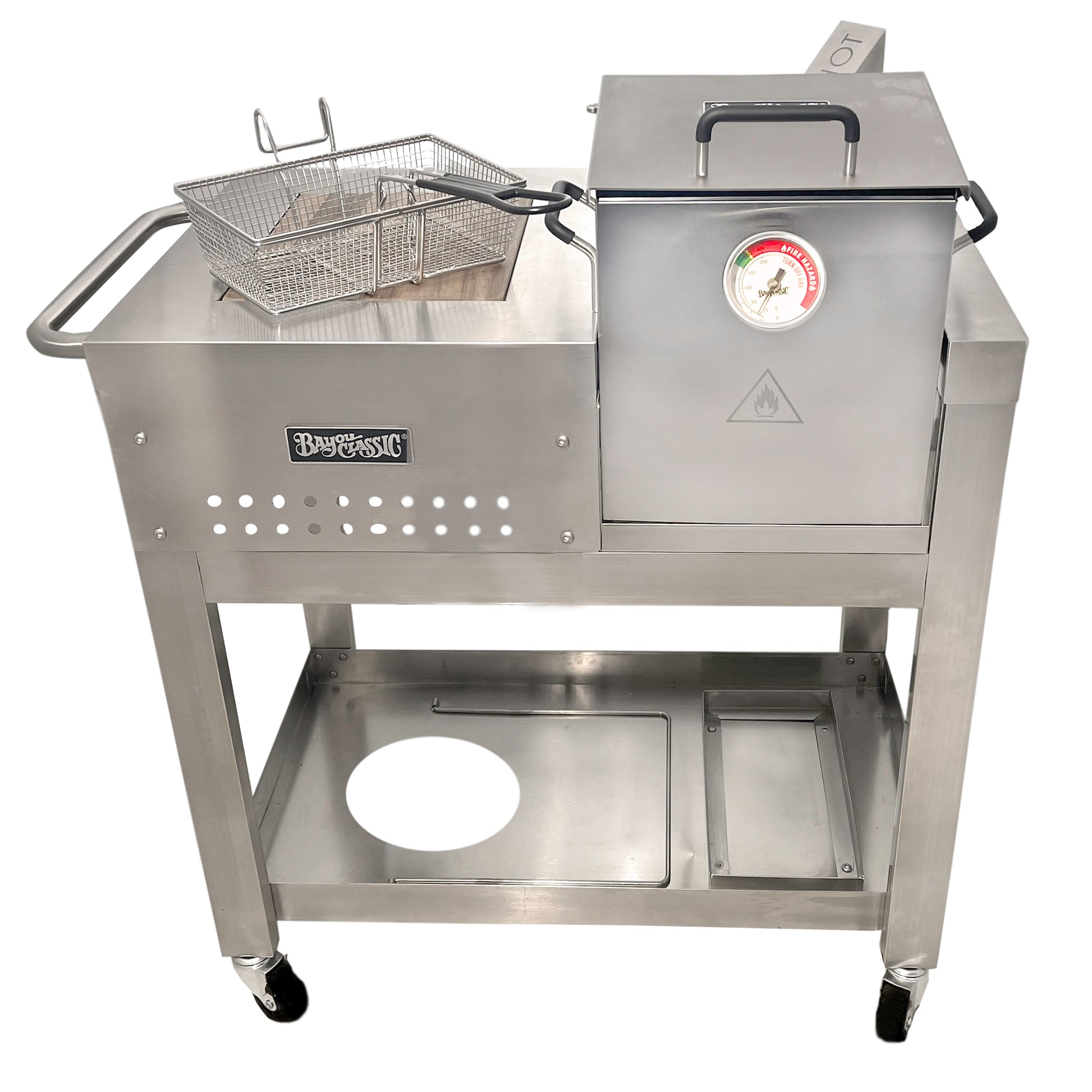Stainless steel 2.5-gal Bayou Fryer with Workstation on a white background