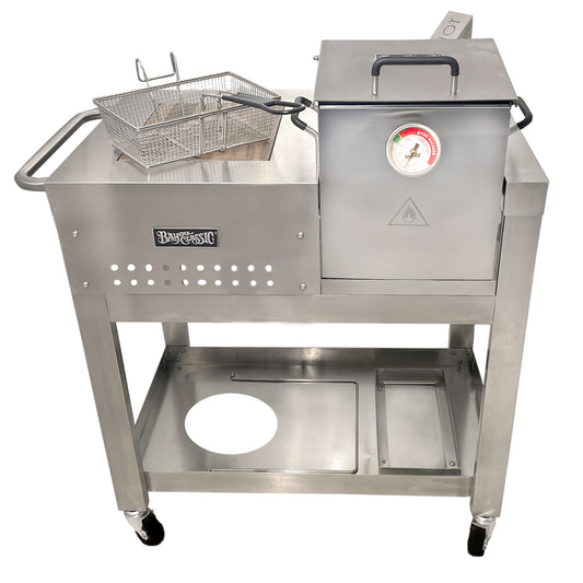 Stainless steel 2.5-gal Bayou Fryer with Workstation on a white background