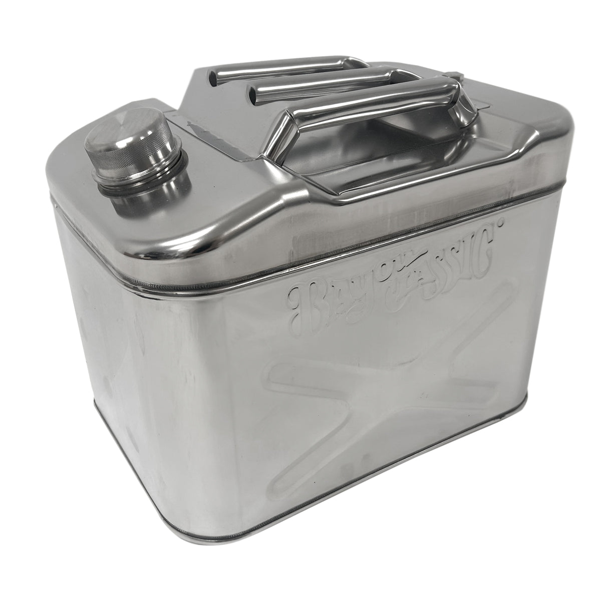 Stainless jerry oil can with a handle on a white background