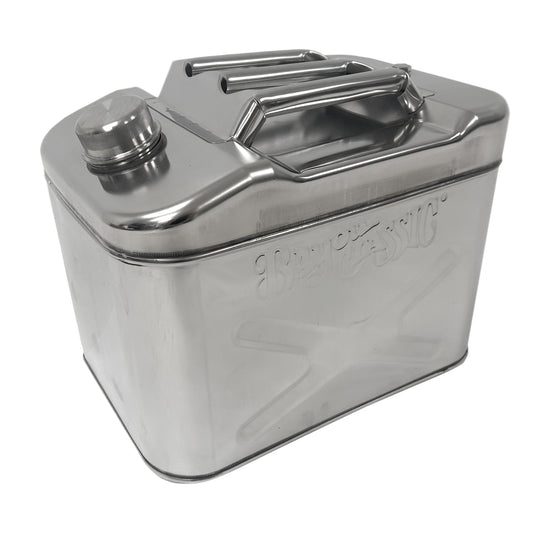 Stainless jerry oil can with a handle on a white background