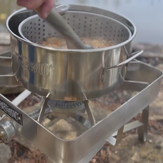 Video of frying shrimp in a stainless fry pot