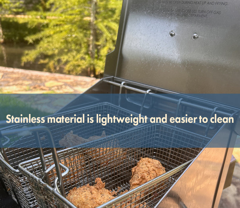 Bayou Fryer lid open to show fry baskets with fried chicken and text that reads stainless material is lightweight and easier to clean