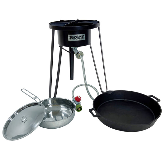 21-in tall steel cooker with a stainless fry pot with lid and a 16-in double handled skillet on a white background