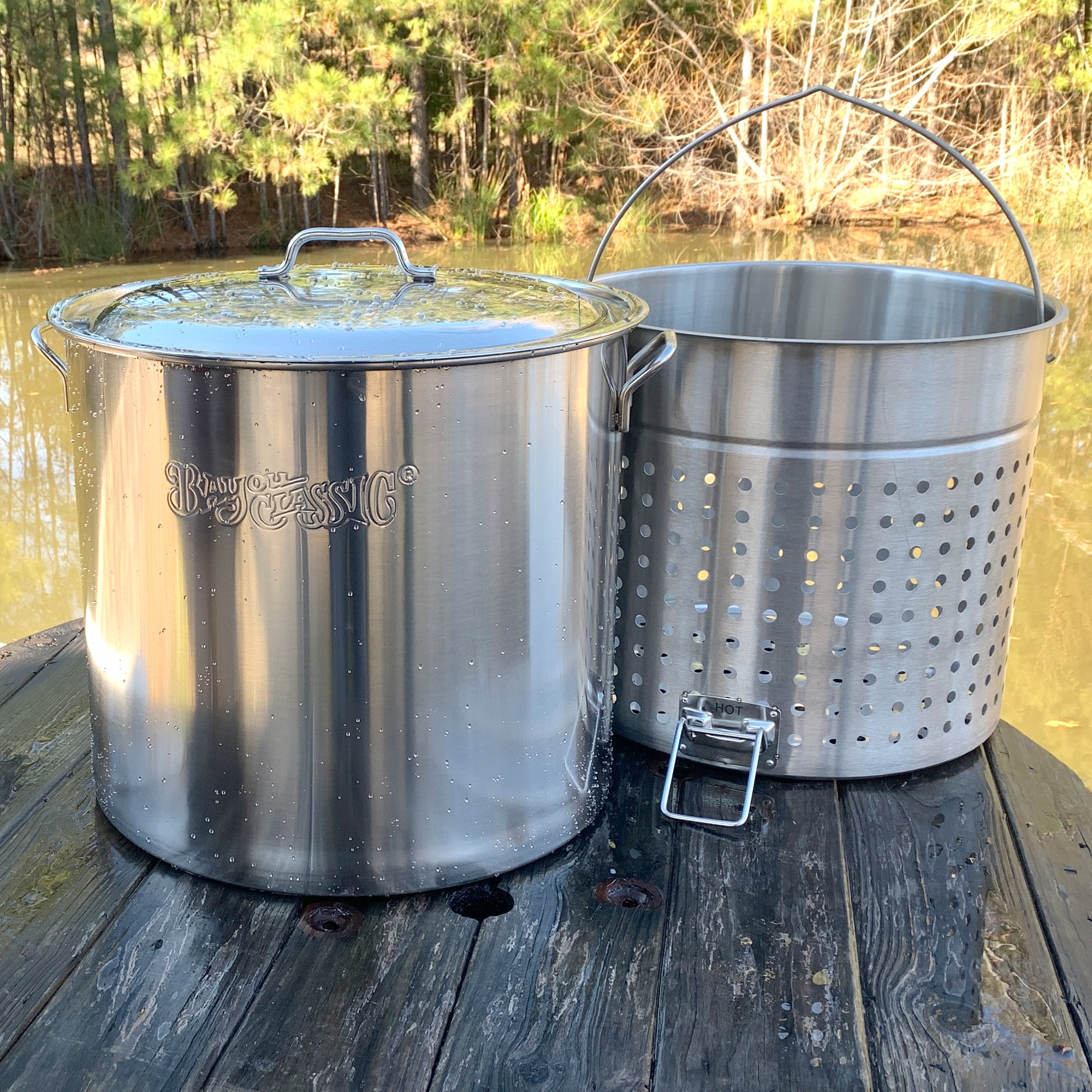 Bayou Classic Stockpot With Lid and Basket, Silver Stainless Steel, 82 Quart