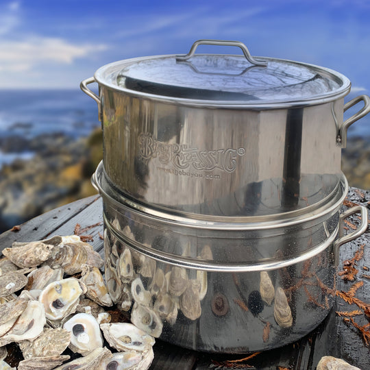 Stainless oyster steamer outside in a coastal setting