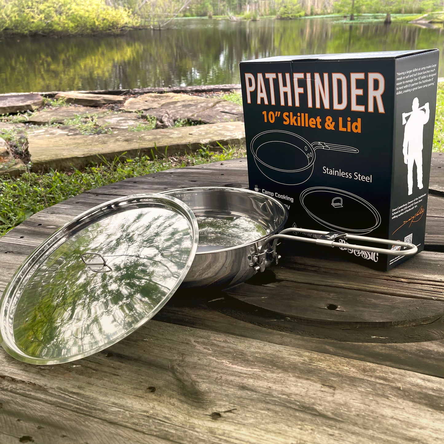 Stainless Skillet with Lid and retail packaging in natural setting